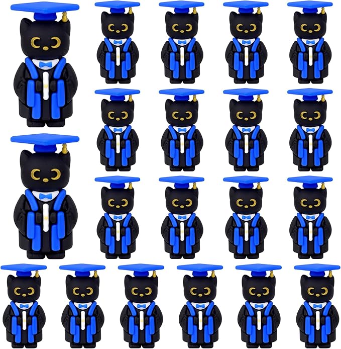Cat Figurines, 20 PCS Black Cat Mini Resin with Cap Graduation Decorations Class of 2025, PVC Miniature Black Kitten Figures Grad Gifts for Kindergarten High School Party Favors