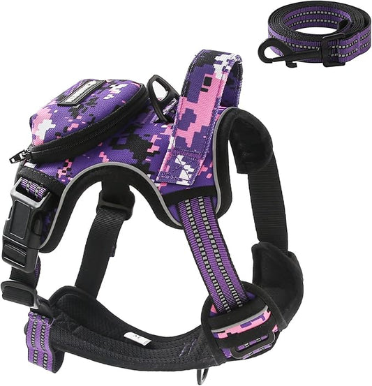 No Pull Dog Harness for Large Dogs, Adjustable No Choke Pet Vest with Dog Leash Fit Smart Reflective Pet Walking Harness for Training Easy Control Soft Handle Purple Camo XL