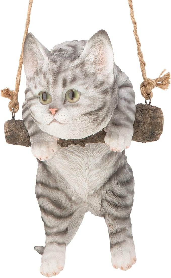 Design Toscano Gray Tabby Kitty on a Perch Hanging Cat Sculpture