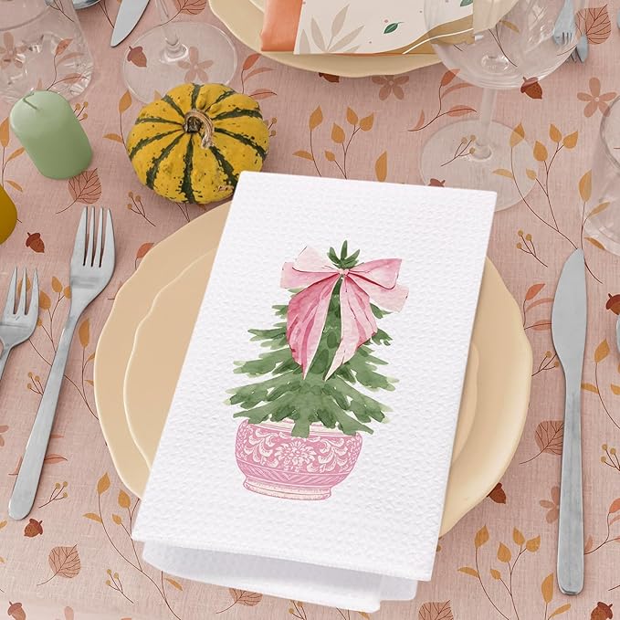 SPBL&L Pink Chinoiserie Kitchen and Bathroom Towels, Bow Coquette Dish Towels, Hand Towels, Grandmillennial Decor, 16x24 Inches