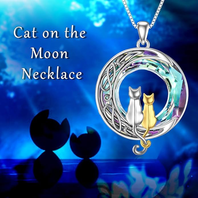 TOUPOP Cat Gifts for Cat Lovers 1 2 3 Cats Necklace Sterling Silver Cat on the Moon Pendant Necklace with Blue Circle Crystal Birthday Christmas Celtic Jewelry Gifts for Women