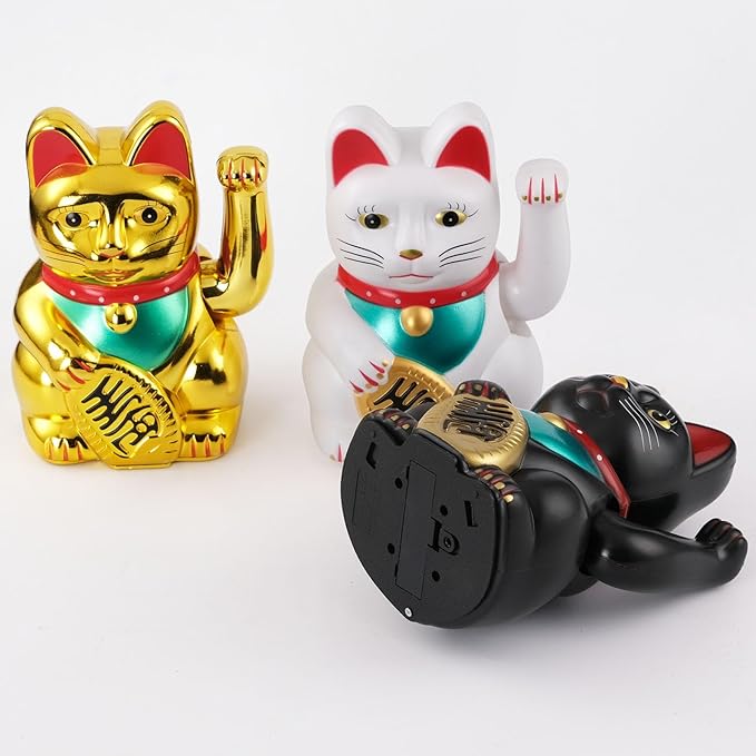 Gold/Black/White Maneki Neko Lucky Cat,Fengshui Cat- Waving Arm Battery Operated for Fortune Money and Good Luck (Black, 5 in)