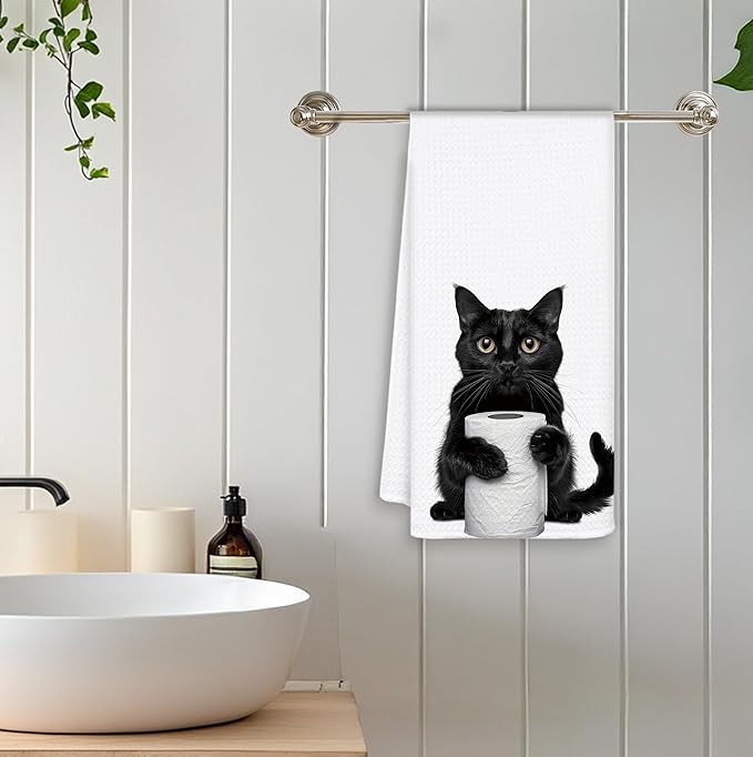 Funny Black Cat Hand Towels for Bathroom Washroom, Cat Bathroom Decor, Cats Lover Mom Lady Gifts for Women, Cute Black Kitten Bathrooms Hand Towels, 16x24 Inch