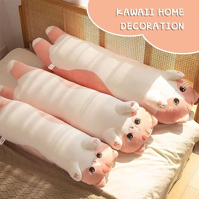 Cat Stuffed Animal Kids Body Pillow for Girls, Soft Cute Plushies Long Cat Hugging Body Pillows with Removable Zipper Cover, Pink Cat Plush Pillow for Cuddling Sofa Bed Décor