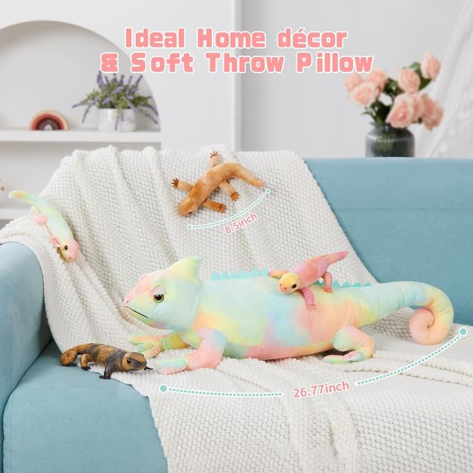 MorisMos 27" Giant Chameleon Stuffed Animal with 4 Baby Lizard Plush Toys for Kid Girl Boy,Realistic Rainbow Chameleon Plush Mama & Baby Lizard Stuffed Animals Gift for Birthday Decor,CE/CPC Certified