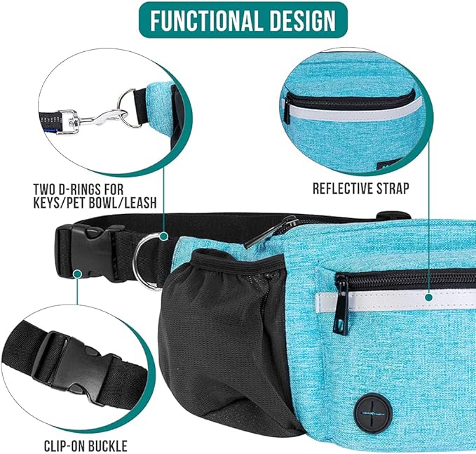 PetAmi Dog Fanny Pack, Treat Pouch for Dog Walking, Training, Built in Poop Bag Dispenser, Water Bottle Holder, Collapsible Bowl, Pet Treat Waist Belt for Hiking, Running, Kibbles (Turquoise)