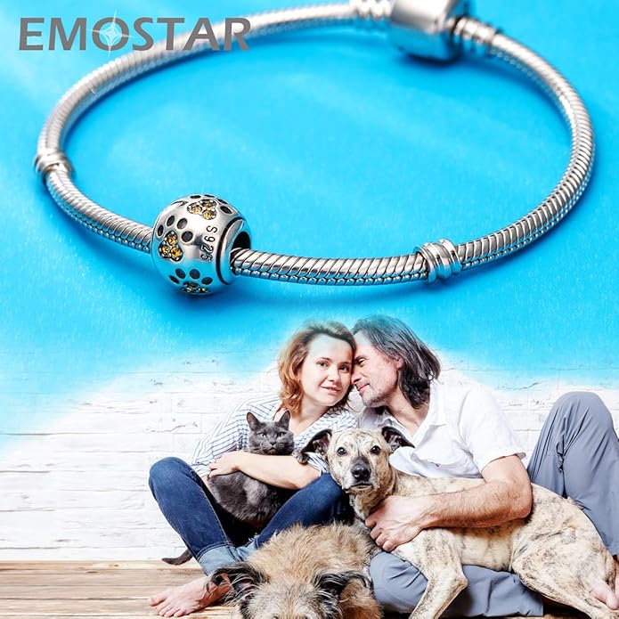 EMOSTAR Dog Paw Print Charms with Various Birthstone Crystals, 925 Sterling Silver Pawprint Beads for 3mm Snake Chain, Pet Lover Gifts for European Women Bracelet