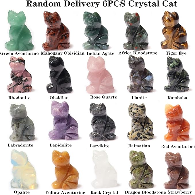Gemstone Cat Figurine Mix 6PCS, Crystal Sitting Kitten Healing Carved Lucky Animal Carving for Home Decor 1.5''