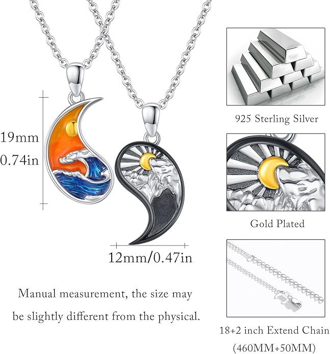 Yin Yang Matching Jewelry Set 925 Sterling Silver Yin Yang Friendship Couples BFF Pendant Necklace Jewelry for Her Him Women Men
