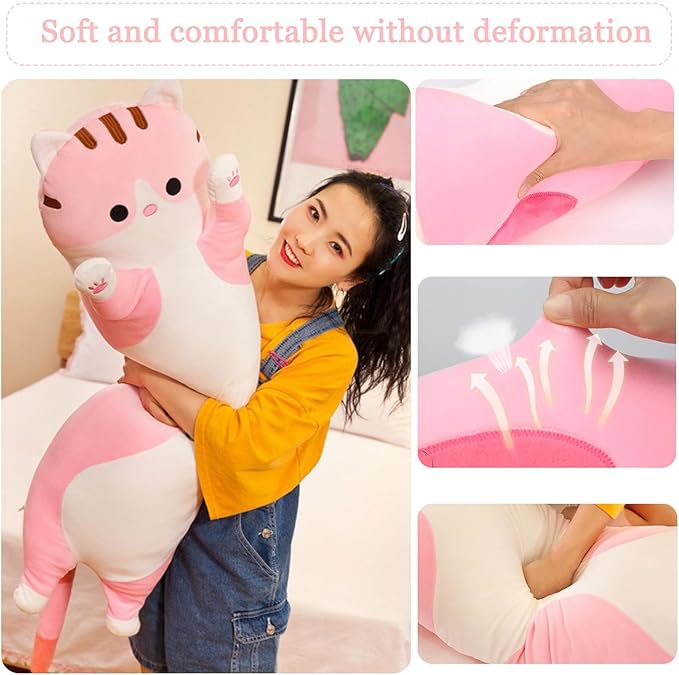 Long Cat Plush Pillow Soft Cat Hugging Pillow Stuffed Animal Pillow Cute Kitty Throw Pillow Gift for Boys Girls(90cm/35.43inch,Pink