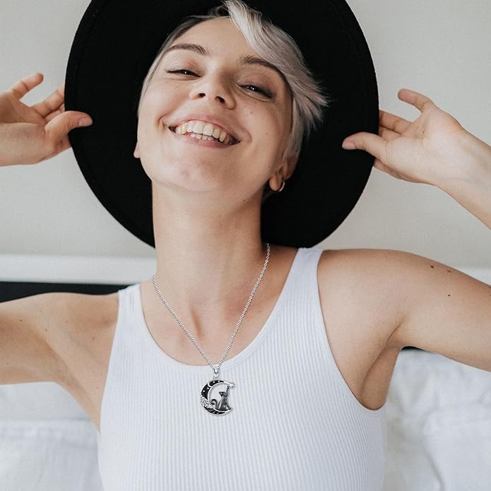 Odinstone Cat Necklace, S925 Sterling Silver Cat on Moon Pendant with Cubic Zirconia, Cat Jewelry Mothers Day Gifts for Mum with Gift Package - I Love You Forever