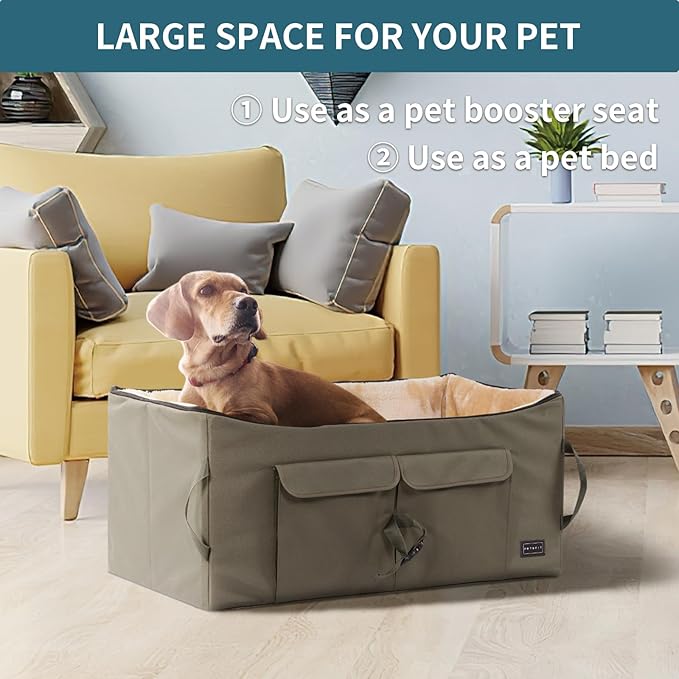 Petsfit Dog Booster Seat for 2 Small Dogs or Medium Dog up to 55 lbs, Large Dog Car Seat with 2 Big Pockets for Cars, Trucks and SUVs (Large, Brown)
