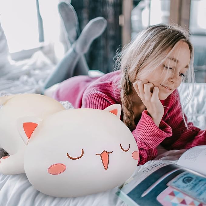 FUYU Cat Stuffed Animals, Soft Cat Plush Pillow Kawaii Kitten Stuffed Animal Toy Gifts for Kids Boys Girls Room Decor (White Squinted Eyes,15in/37cm)