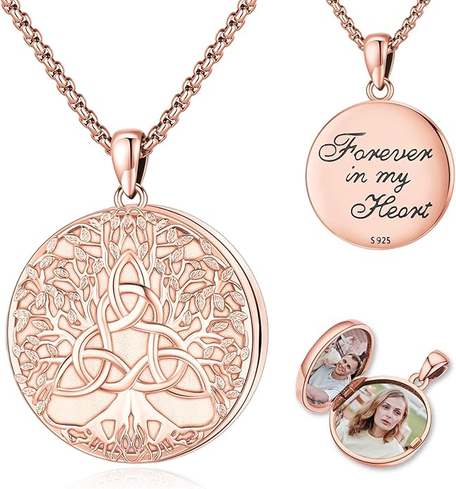 Picture Locket Necklace for Women Men Rose 14K Real Gold 925 Sterling Silver Jewelry Heart Locket Necklace that Holds Pictures Tree of Life Viking Wolf Celtic Knot St Christopher St Michael Pendant