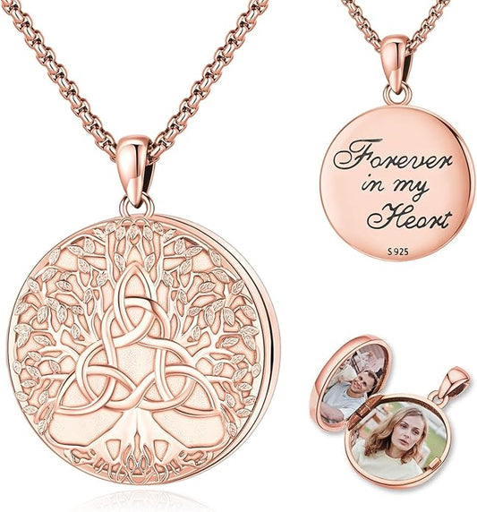 Picture Locket Necklace for Women Men Rose 14K Real Gold 925 Sterling Silver Jewelry Heart Locket Necklace that Holds Pictures Tree of Life Viking Wolf Celtic Knot St Christopher St Michael Pendant