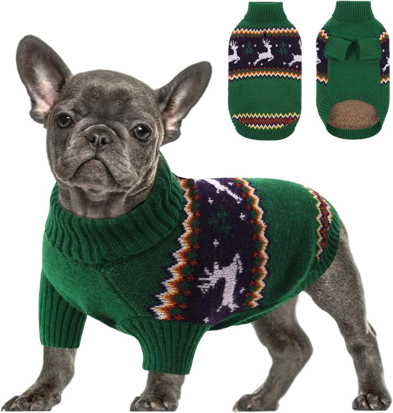 Queenmore Dog Christmas Sweater,Turtleneck Knitted Pullover Xmas Pet Clothes Sweatshirt,Christmas Outfit, Warm Dog Sweaters for Small Dogs Boy Girl,XmasDeer,S