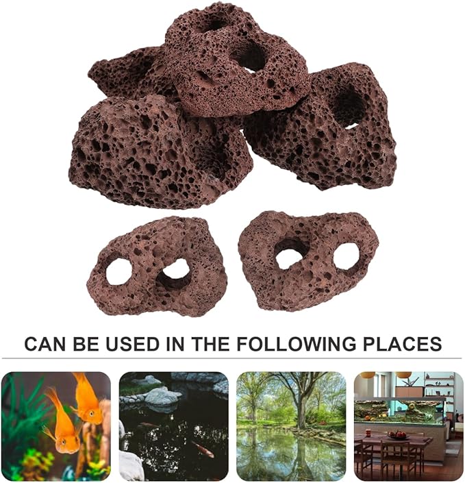 Housoutil Lava Rock Aquarium, 6PCS Aquarium Volcanic Stone Plant Fixer Ornaments, Double-Hole Fish Tank Rocks Ornament for Aquascaping, Fish Tank, Terrarium and Landscape Design