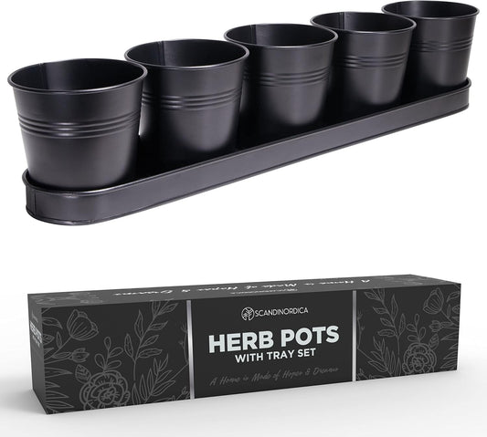 SCANDINORDICA Black Herb Planter – 5 Pots with Drainage Holes and Tray, Windowsill Planter, Herb Pots for Indoor Outdoor Plants | Kitchen & Garden Decor