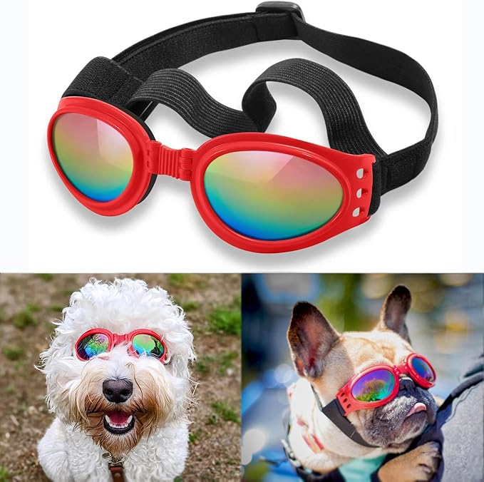 QUMY Dog Sunglasses Dog Goggles for Medium Large Breed Dogs, Wind Dust Fog Protection Eye Wear Pet Glasses with Adjustable Strap for Motorcycle Car Driving Bike Riding Hiking Swimming Over 15lbs Red