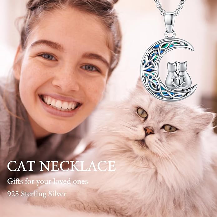Odinstone Cat Necklace, S925 Sterling Silver Cat on Moon Pendant with Cubic Zirconia, Cat Jewelry Mothers Day Gifts for Mum with Gift Package - I Love You Forever