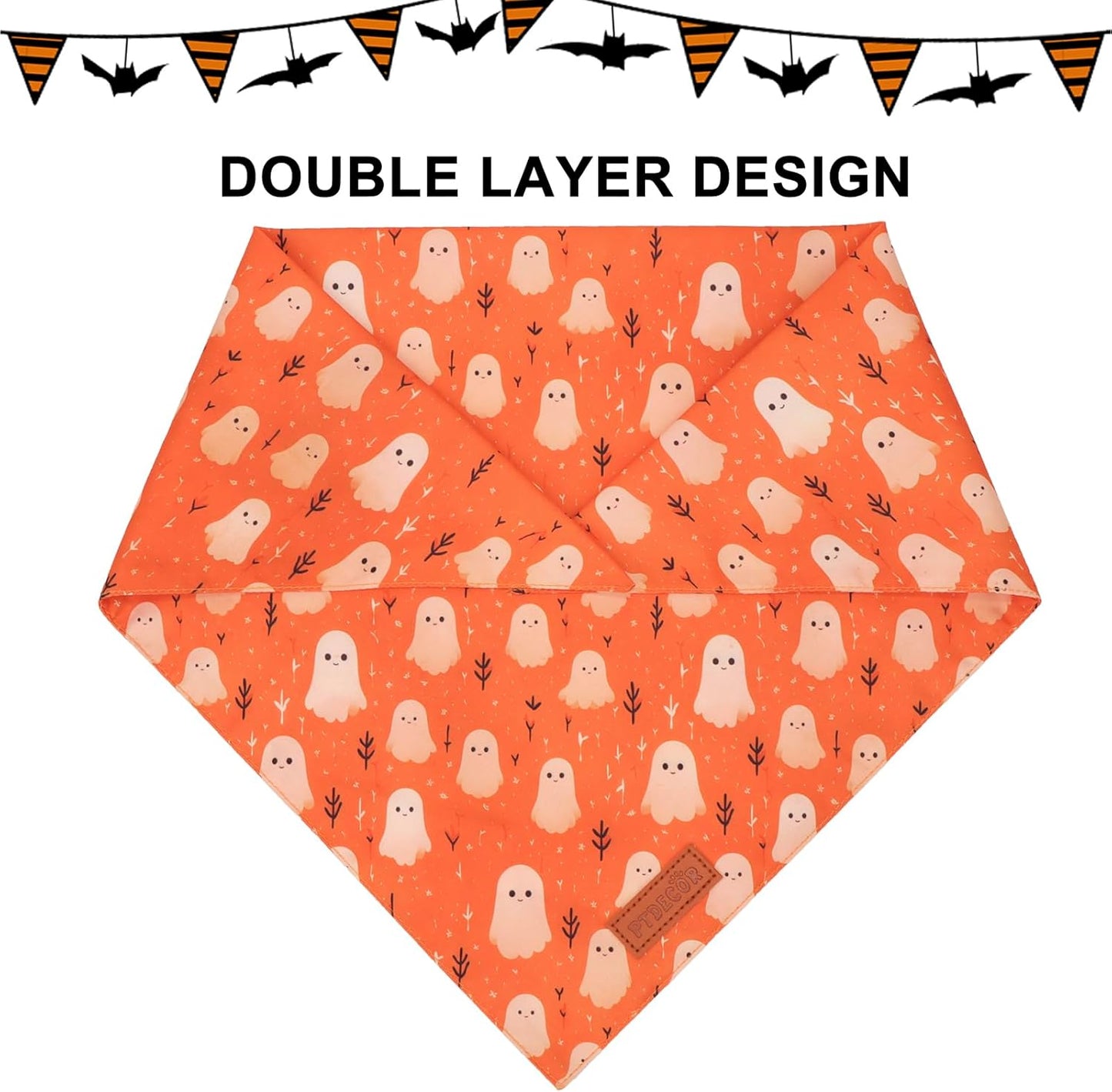 PTDECOR Halloween Dog Bandana, Ghost Pumpkin Design Reversible Holiday Dog Scarf, Triangle Halloween Bandanas for Medium Large Dogs Pets (Large)