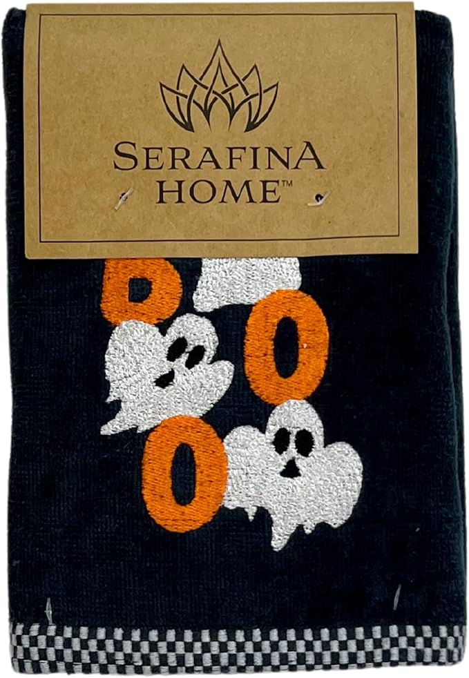 Halloween Bathroom Hand Towels, Embroidered Ghosts, Boo Design, Set of 2, Black 16 x 25 inches