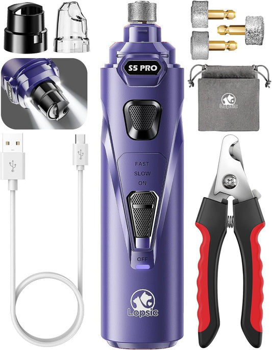 Dog Nail Grinder with 2 LED Lights Powerful 2 Speeds Super Quiet Dog Nail Trimmers with 3 Grinding Wheels Rechargeable Pet Dog Nail Clippers for Large Medium Puppy Dogs Nail File Cat Nail Clipper Blue