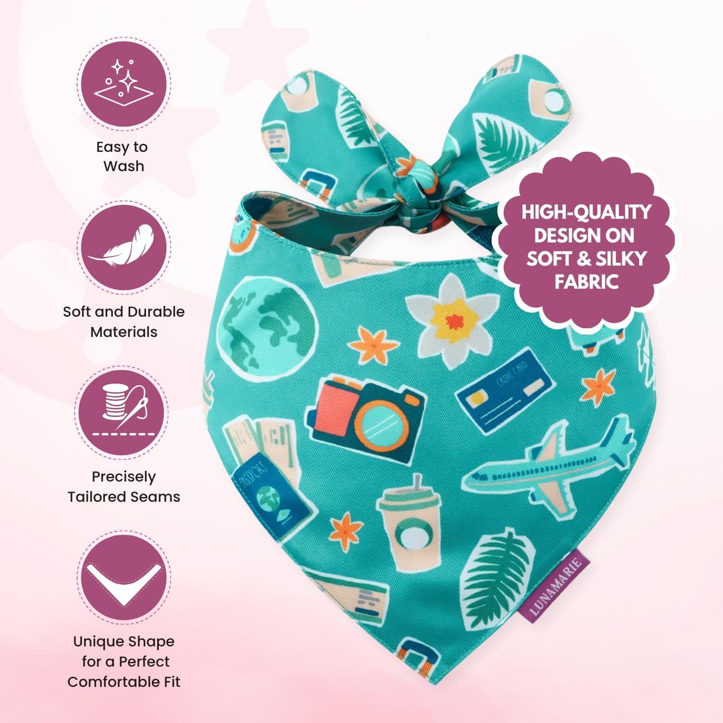 LunaMarie - Luxury Pet Birthday Bandanas -Premium & Silky Poly Fabric | 100% Handmade | Custom Shape Dual Layered (Pawsport Club, Large)