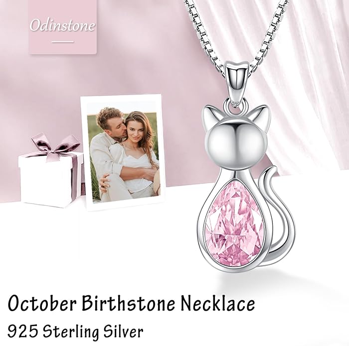 Odinstone Cat Birthstone Necklaces Jewelry Sterling Silver Cat Pendant Necklace Gift for Women Gifts, 18'' Silver Box Chain Women's Birthstone Crystal Cat Jewelry Gifts