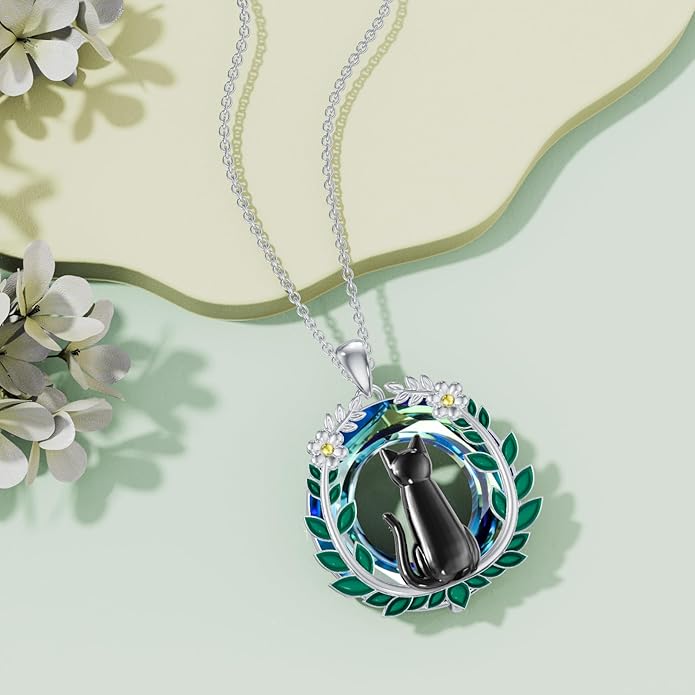 Cat Necklace for Women 925 Sterling Silver Black Cat Pendant Necklace with Crystal Cute Animal Jewelry Gift for Women
