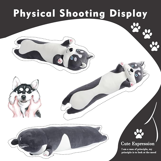 Long Husky Plush Pillow, 43.3in Cute Dog Plushie Stuffed Animals Body Pillow, Kawaii Husky Soft Plushie Doll Toy Birthday Gift for Kids Girlfriend
