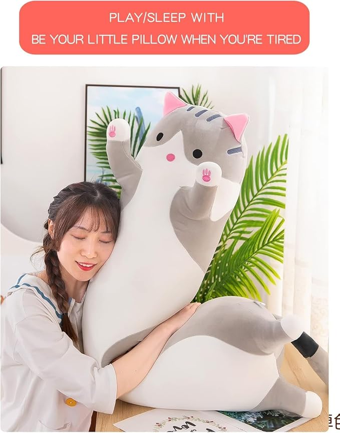 Long Cat Plush Pillow Soft Cat Body Pillow, Long Cat Stuffed Animal Cotton Kitten Sleeping Throw Pillow Gift for Kids Girlfriend(50CM,Grey)