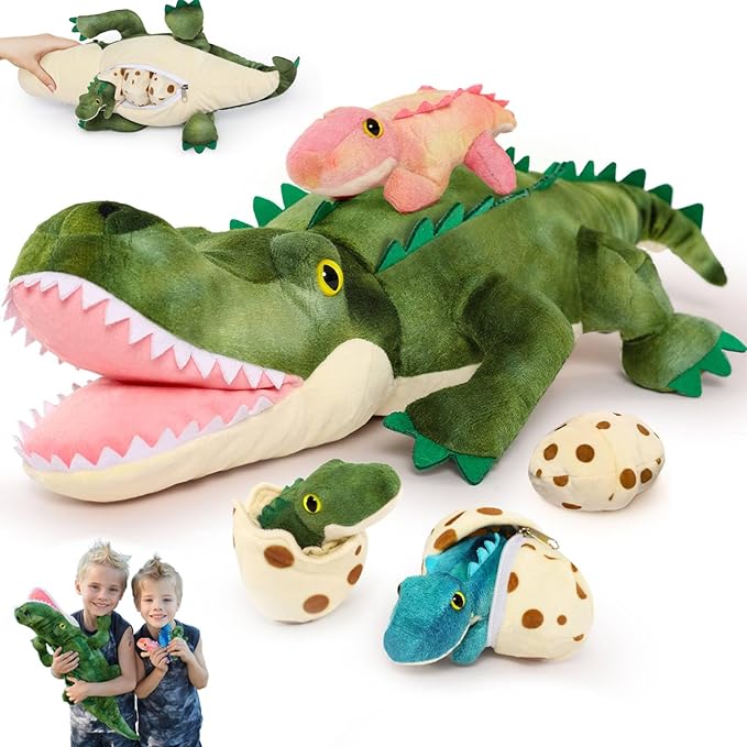 MorisMos Plush Alligator Stuffed Animal with Babies,23.6'' Mommy Stuffed Alligator with 3 Baby Crocodile Animals & 3 Plush Eggs,Lifelike Crocodile Toys for Kid 3-5 Birthday Decor
