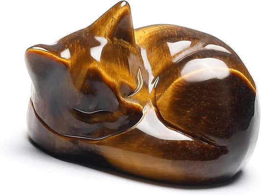 Top Plaza 1.6" Tiger Eye Stone Cat Crystal Statue Cute Sleeping Cat Figurine Polished Carved Gemstones Sculpture Home Office Desk Decor Balancing Meditation Crystal Gifts for Women Cats Lover