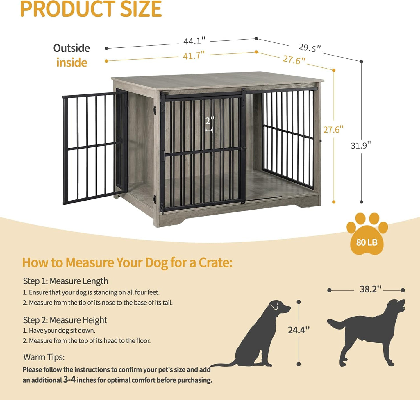 XL Large Dog Crate Furniture, 44.1" Indoor Dog Kennel Furniture with Barn Door, Wooden Tall Dog Crate, Heavy Duty Dog Cage for Large Dogs, Side End Table, Anti-Chew, Greige Black DFC80105B
