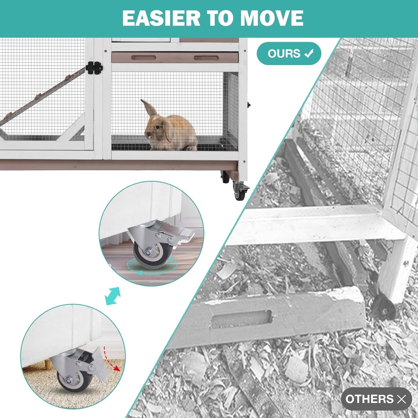 Rabbit Hutch Indoor for 2-4 Rabbits & Guinea Pigs，Bunny Cage with Slide-Out Plastic Trays，Wooden Small Animal Cage for Rabbits, Bunnies, and Guinea Pigs