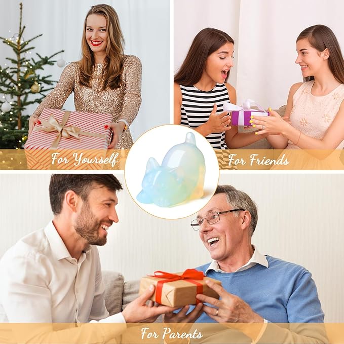 Opal Opalite Cat Crystal Statue Stone Carved Figurines for Lazy Cat Healing Crystals Spiritual Sculpture Desk Office Room Home Decoration Lucky Kitten Gifts for Cat Lovers Women Men