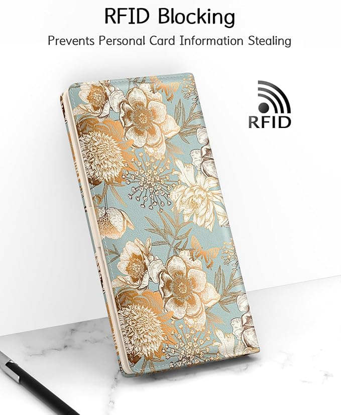 Nipichsha Womens Wallet, RFID Slim Wallets for Women, Thin Ladies Credit Card Holder Purse, Cute Leather Bifold Clutch Billfold with 11 Card Slots & ID Window, Blooming Flowers