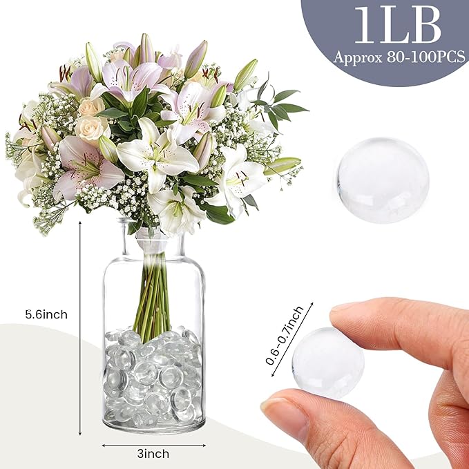 FUTUREPLUSX 1LB Clear Flat Glass Marbles, Vase Filler Glass Pebbles Floral Beads Table Aquarium Gravel Decoration DIY Craft