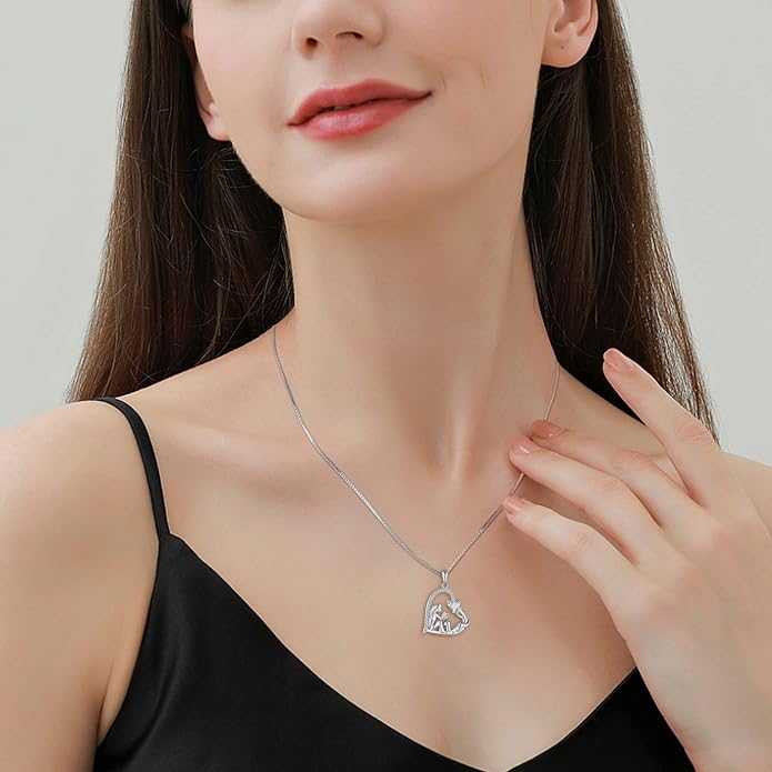 YL Women's Cat Necklace 925 Sterling Silver Heart Pendant Filigree Moon Jewelry for Girls