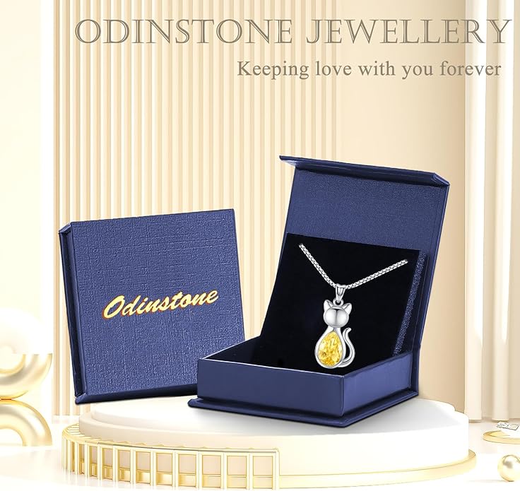 Odinstone Cat Birthstone Necklaces Jewelry Sterling Silver Cat Pendant Necklace Gift for Women Gifts, 18'' Silver Box Chain Women's Birthstone Crystal Cat Jewelry Gifts