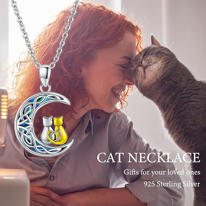 Odinstone Cat Necklace, S925 Sterling Silver Cat on Moon Pendant with Cubic Zirconia, Cat Jewelry Mothers Day Gifts for Mum with Gift Package - I Love You Forever