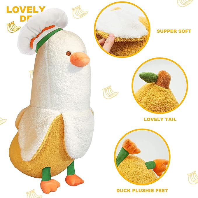 PEACH CAT Cute Banana Duck Stuffed Animal Long Banana Chef Duck Plush Pillow for Girls and Boys White 19.7"