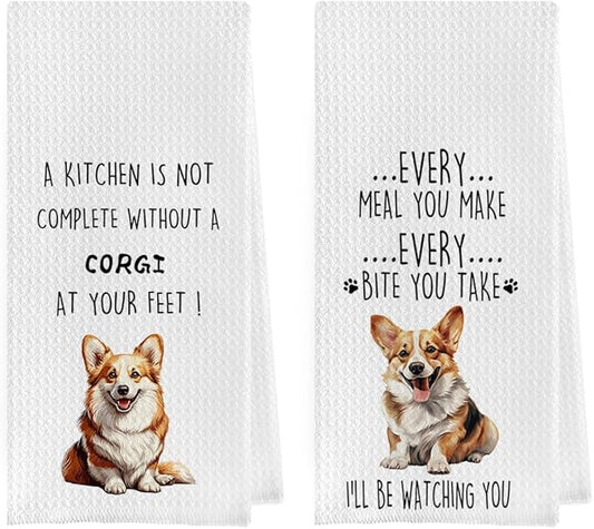 Funny Corgi Dish Towels Set - Waffle Weave Kitchen Hand Tea Towels for Bathroom, Decorative Gift for Corgi Lovers (1624 Inches, Set of 2)