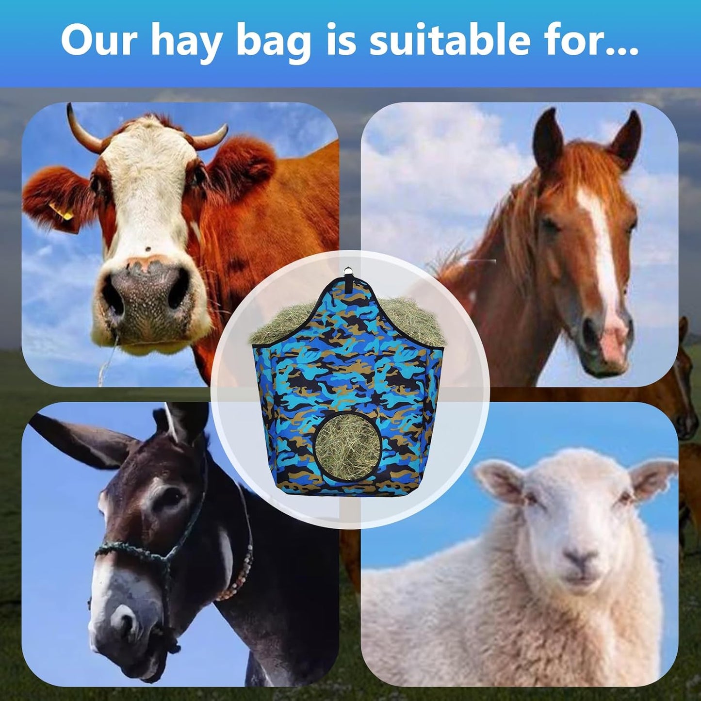 Horse Hay Bag Durable Oxford Fabric, Large Capacity Feeding Bag with Metal Snap Fastener, Slow Feeding Hay Sack, Ideal for Horse Cow Goats Donkey Perfect Hay Feeder with Open Feed Hole (Camouflage)
