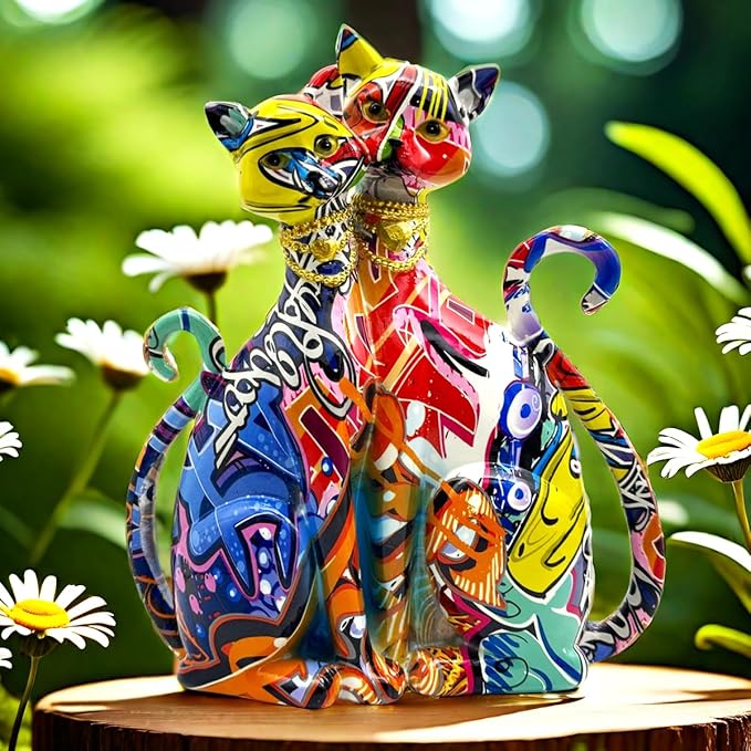 Colorful Cat Couple Lover Art Statue Figurine Sculpture, Cats Gifts for Cat Lover, Office Home Decor, Desk Accessories