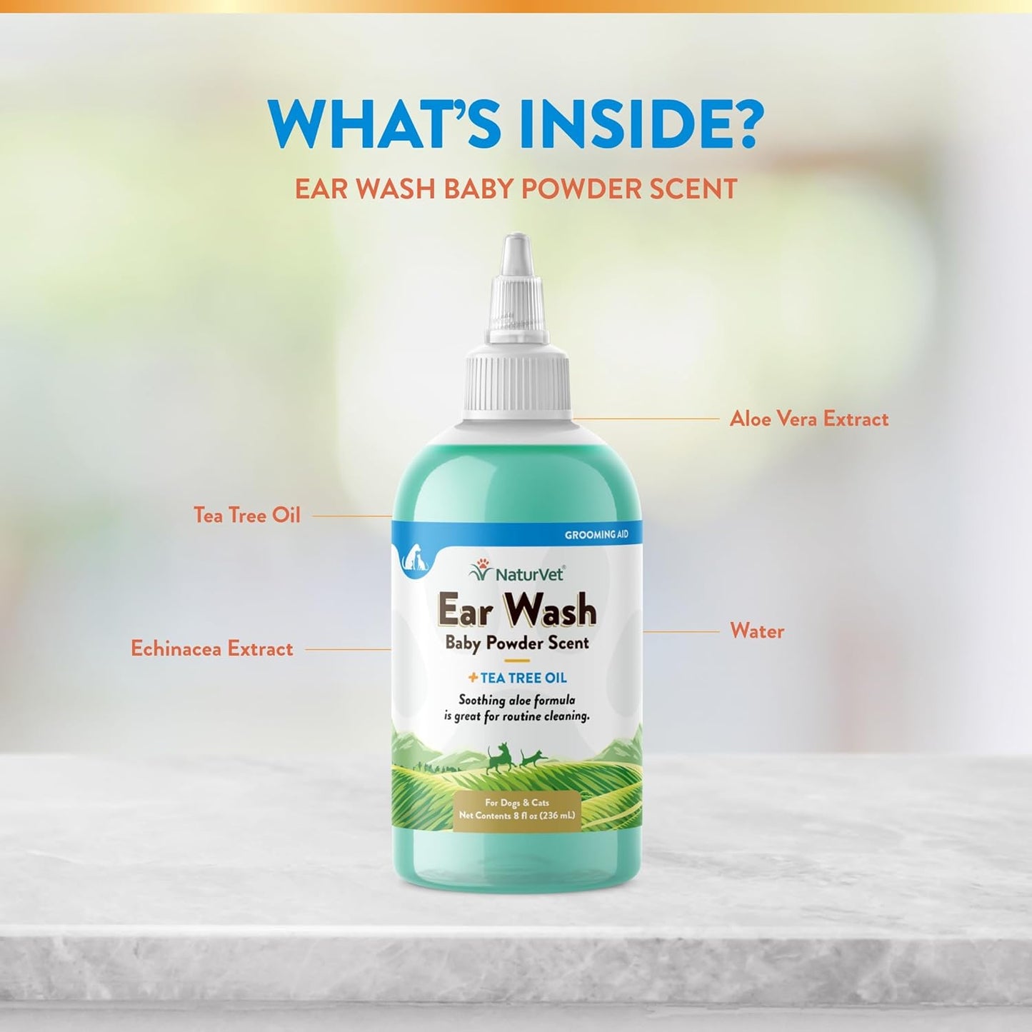 NaturVet Ear Wash w/Tea Tree Oil (Aloe & Baby Powder Scent) 8 oz