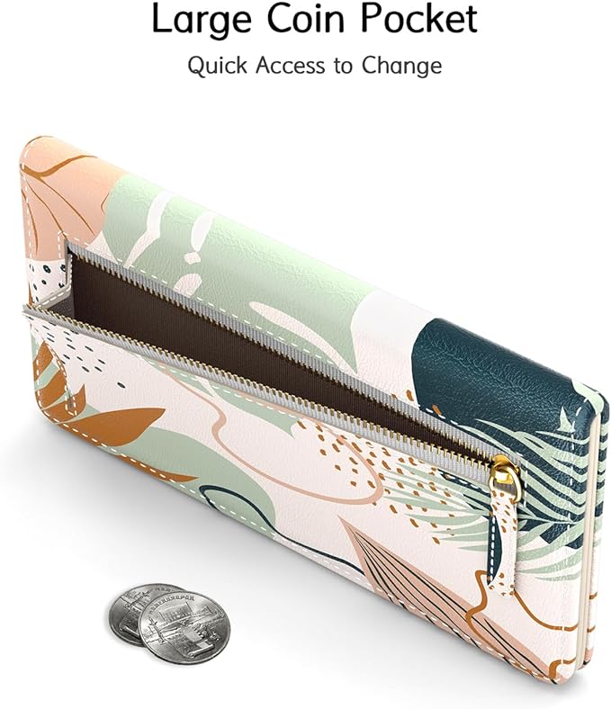 Nipichsha Womens Wallet, RFID Slim Wallets for Women, Thin Ladies Credit Card Holder Purse, Cute Leather Bifold Clutch Billfold with 11 Card Slots & ID Window, Boho Leaves