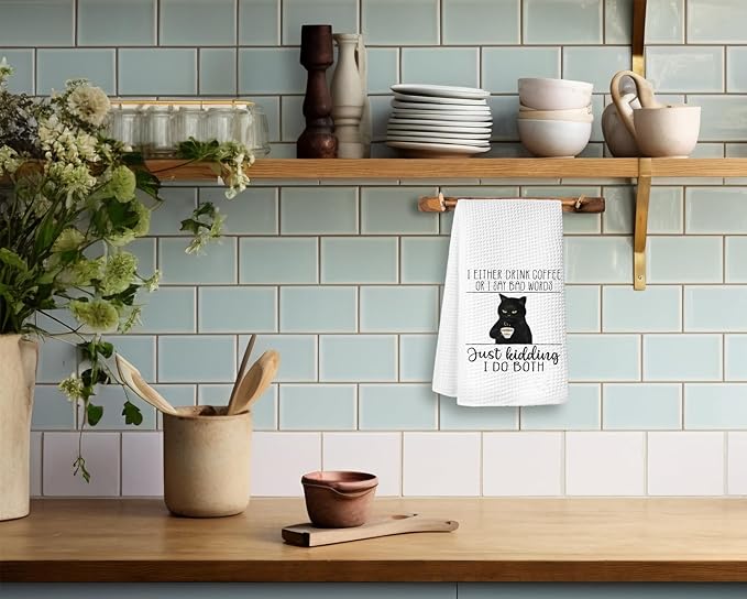 Coffee Kitchen Hand Towels - Black Cat Dish Towels, Bar Accessories Decor, Housewarming Gift for Cat Lovers, 'I Either Drink Coffee or I Say Bad Words' 16x24