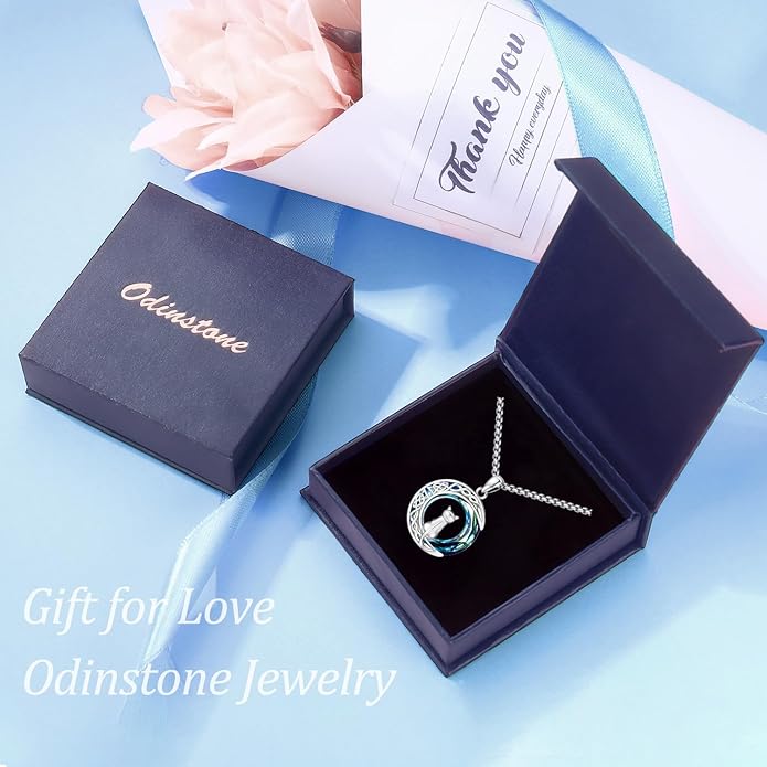 Odinstone Cat Necklace, S925 Sterling Silver Cat on Moon Pendant with Cubic Zirconia, Cat Jewelry Mothers Day Gifts for Mum with Gift Package - I Love You Forever